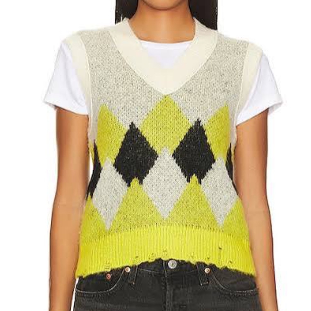 All Saints Yellow and Black Argyle Sweater Vest